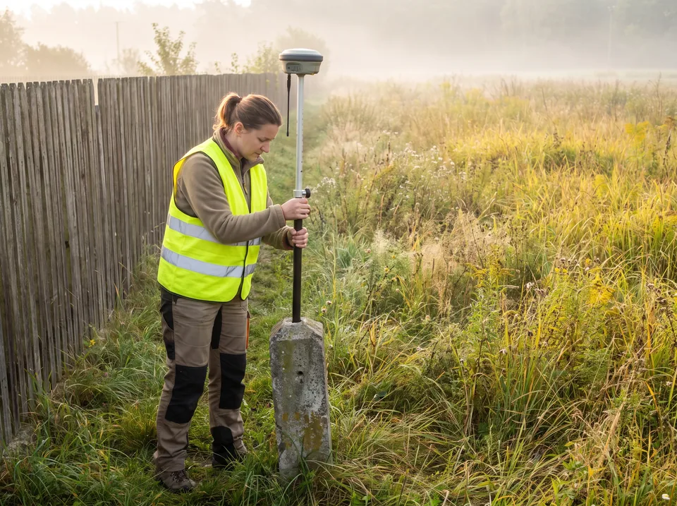 Geodetka z odbiornikiem GNSS przy betonowym słupku granicznym między dwiema działkami