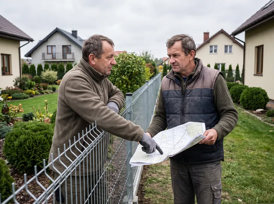 Dwaj sąsiedzi rozmawiają przy nowym płocie z mapą ewidencyjną w ręku