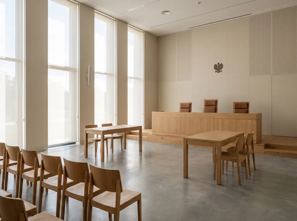 Pusta sala rozpraw sądu administracyjnego z drewnianymi ławami i stołem sędziowskim